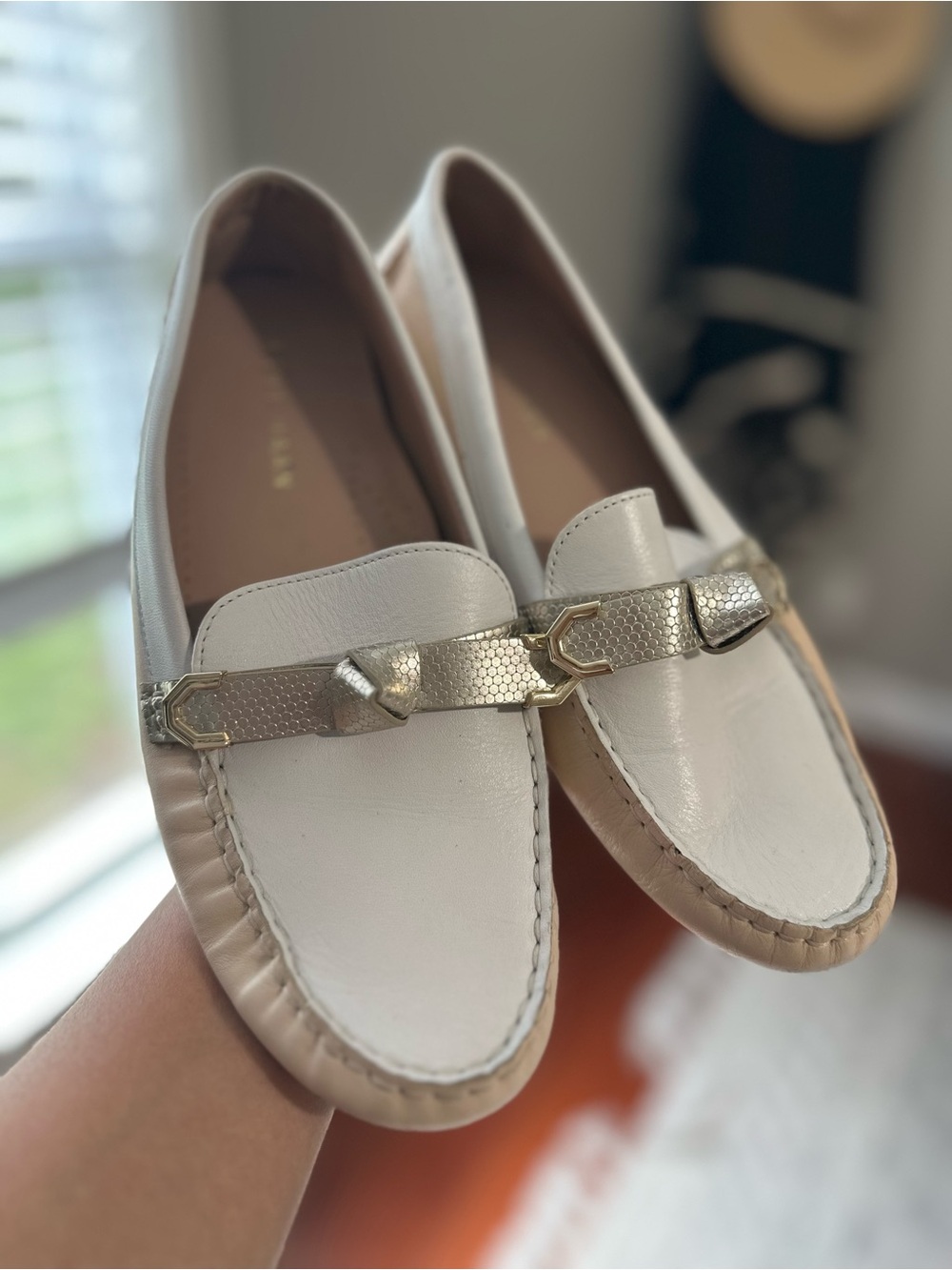 Cole Haan Women’s Leather Academia Cream White Leather Loafers with Gold Accents